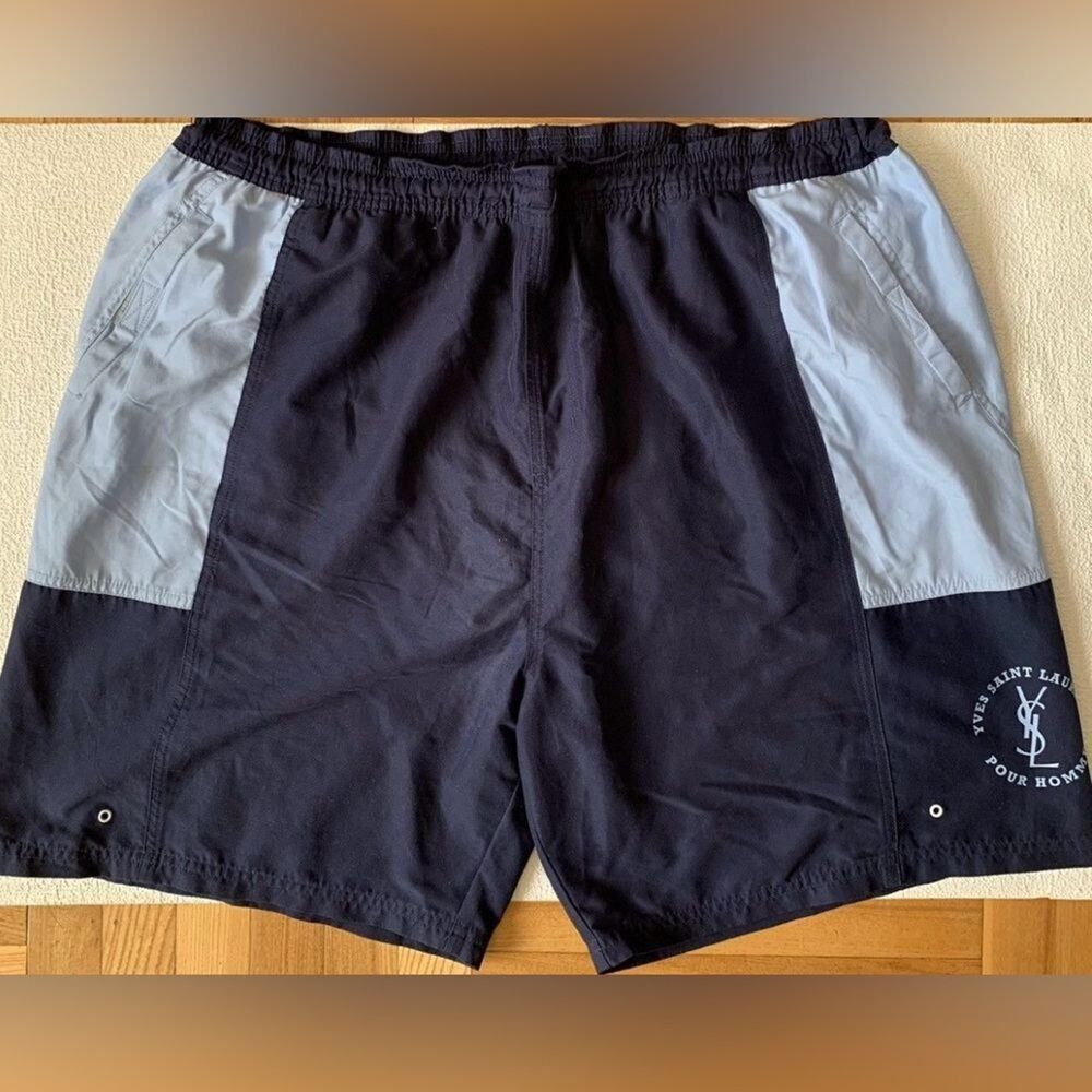Yves St. Laurent Swim Shorts - Y2K Gym Shorts - Size 38 waist - Navy Light Blue